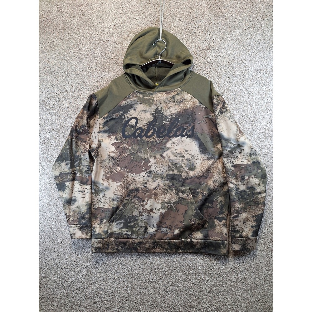 Cabelas Hoodie Mens L Green Multicolor‎ Camouflage Logo Pullover Hunting Outdoor